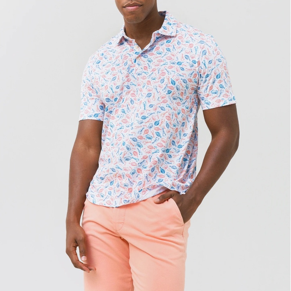 Peter Millar Seaside Men's Bottom Feeders Aqua Cotton Polo - Small